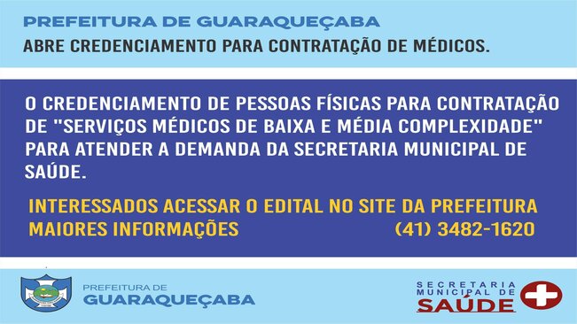 Prefeitura de Guaraqueçaba abre credenciamento para contratação de Médicos.