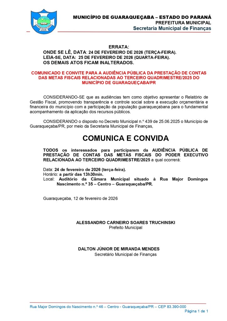 COMUNICADO E CONVITE PARA A AUDIÊNCIA PÚBLICA