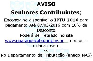AVISO    Senhores contribuintes