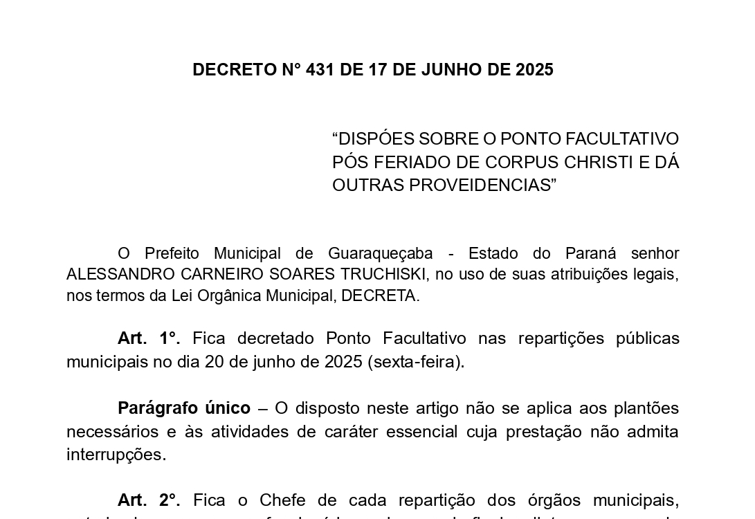 DECRETO N° 431 DE 17 DE JUNHO DE 2025