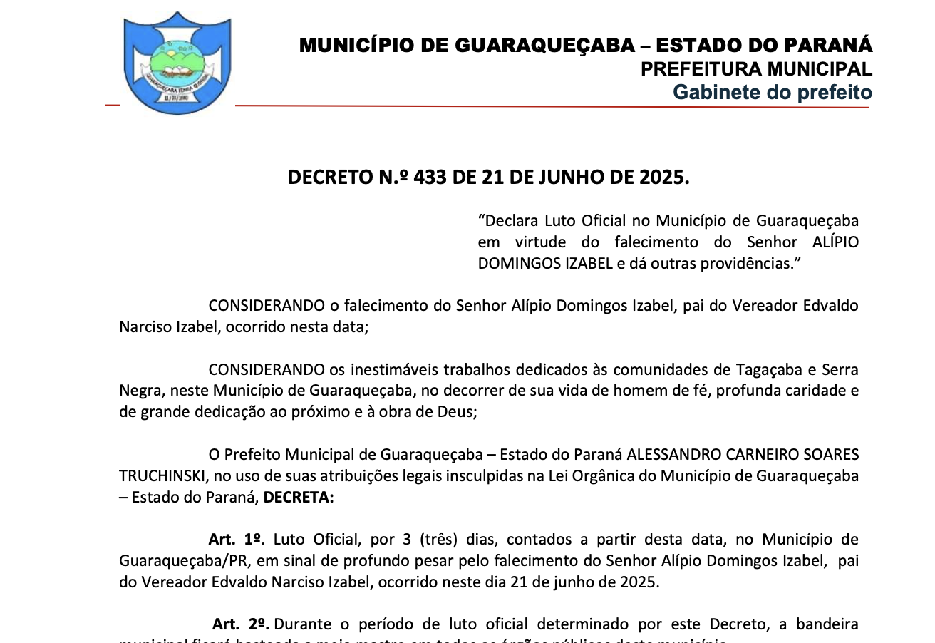 DECRETO N.º 433 DE 21 DE JUNHO DE 2025